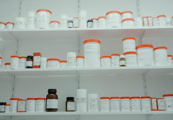 Prescription medication stored on the shelves